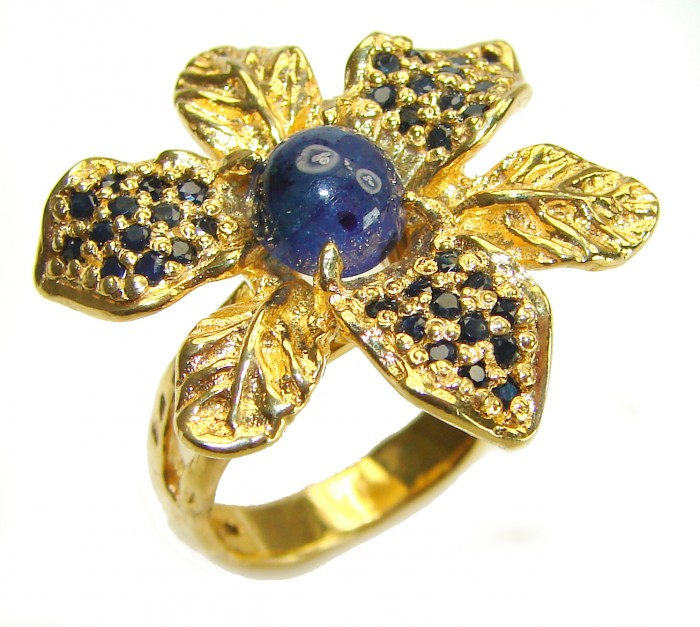 Blue Flower Authentic African Kyanite Sapphire 14K Gold over .925 Sterling Silver handmade rubg size 8 1/4 - photo 3