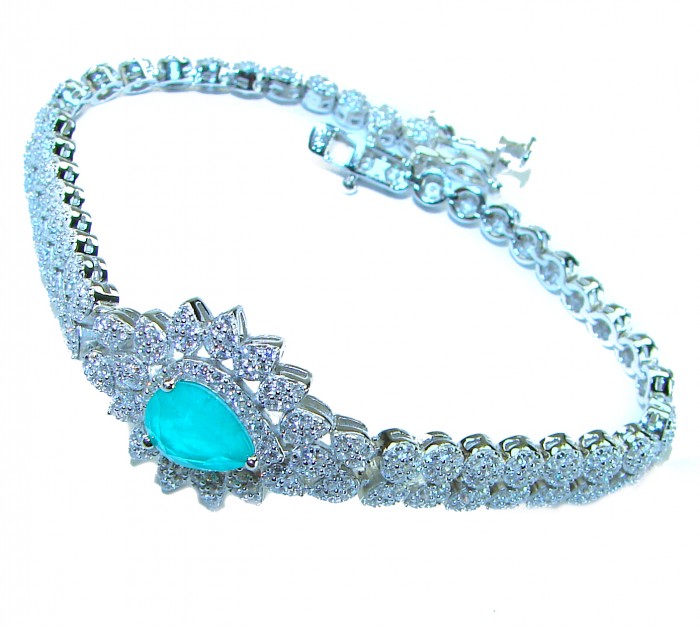 Beauty of Nature- natural 6.5 carat Emerald .925 Sterling Silver handmade Statement Bracelet - Bracelet with emerald, diamond accents, side view, 925 Sterling Silver.
