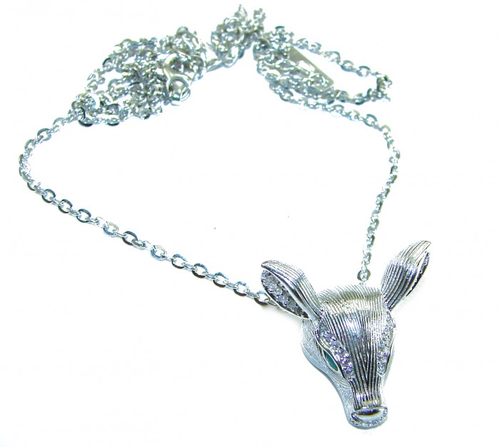 Deer'S Head 0.7 carat Emerald .925 Sterling Silver handmade Statement necklace - Necklace with deer head pendant, front view, .925 Sterling Silver