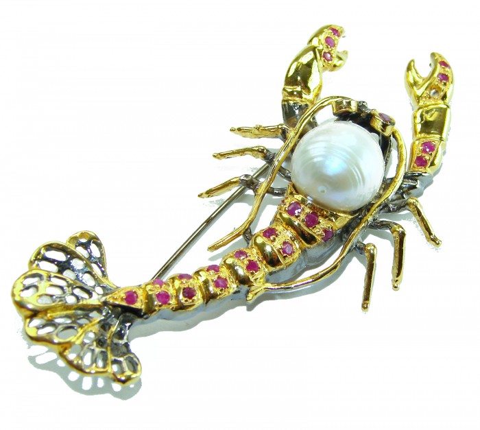 Precious Crayfish Natural Mother of Pearl Ruby 18K Gold over .925 Sterling Silver handmade Pendant Brooch - Crayfish brooch with pearl and rubies in 18K gold, top view.