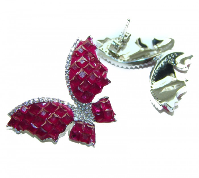 Real Beauty natural 14.2 carat Ruby Butterflies .925 Sterling Silver handcrafted earrings - Ruby butterfly earrings, stone close-up, sterling silver detail.