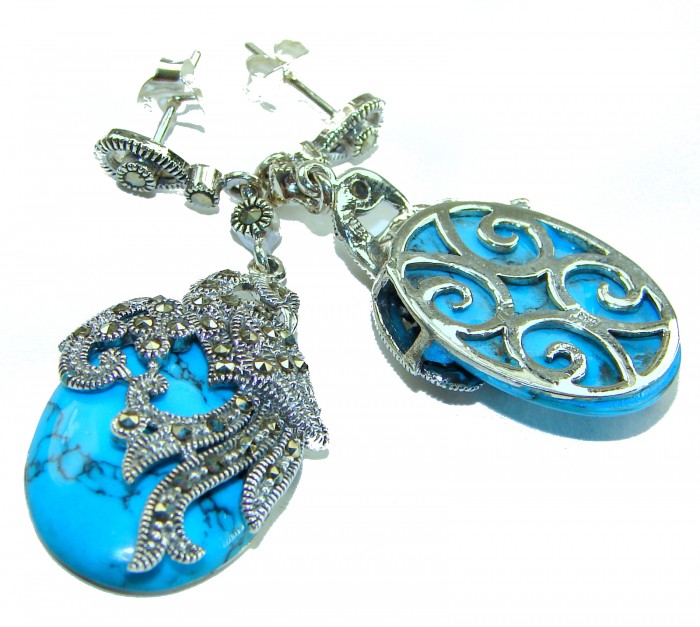 LARGE - Spectacular Peacocks Blue Turquoise .925 Sterling Silver handcrafted Earrings - Close-up of large blue turquoise and silver earrings detailing.