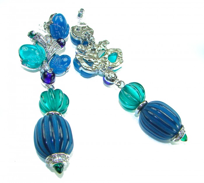 Blue Extravaganza - Very Unique 60.5 carat Emerald Sapphire .925 Sterling Silver handcrafted earrings - Dangling blue and green gemstone earrings with intricate silver details.