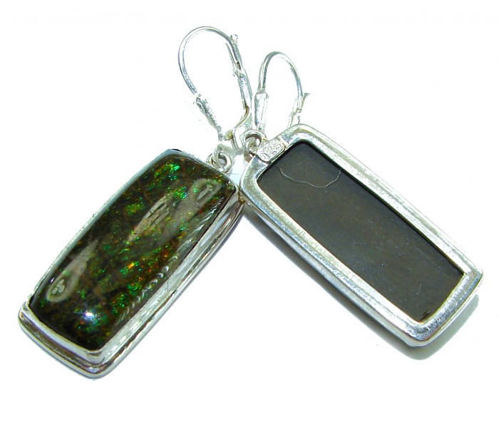 Green Aura Canadian Fire Ammolite .925 Sterling Silver handcrafted earrings - Green Aura Ammolite earrings in side view, .925 sterling silver setting