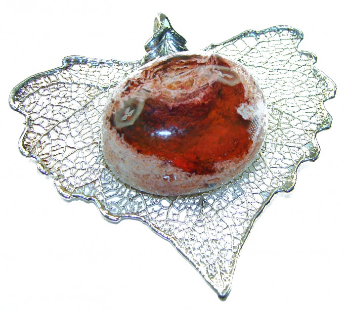 Rain Drop REAL Leaf dipped in Sterling Silver and 25.5 carat Mexican Opal & .925 Sterling Silver Pendant - Close-up of sterling silver leaf with 25.5-carat stone centerpiece.