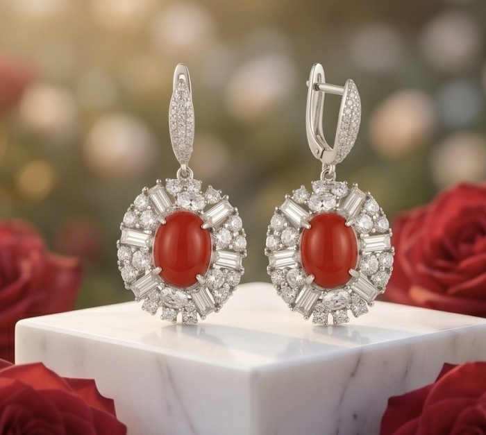 Elizabeth Natural Fossilized Coral 11.8 carat Moissanite .925 Sterling Silver handcrafted earrings - Elegant earrings with coral center and moissanite accents, front view
