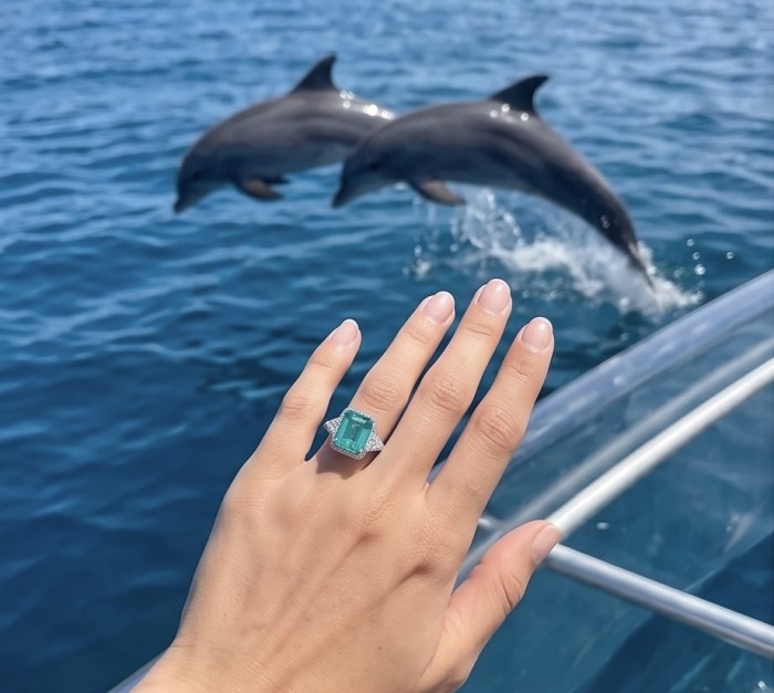 Empress of Colombia 12.2 carat natural Emerald .925 Sterling Silver dipped in Rhodium handcrafted Ring size 6 1/4 - Emerald ring worn on hand with dolphins in the background.