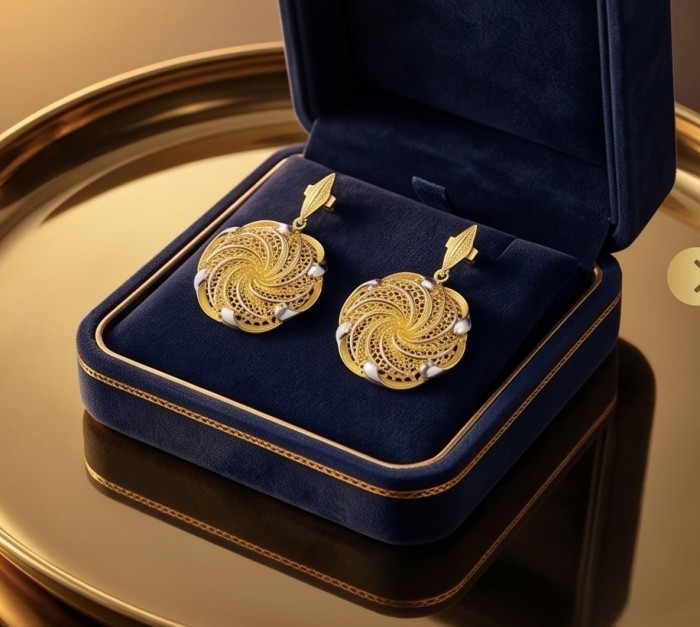 Dubai Style - .925 Sterling Silver dipped in 22K Gold handmade Earrings - Gold earrings in a navy box, top view