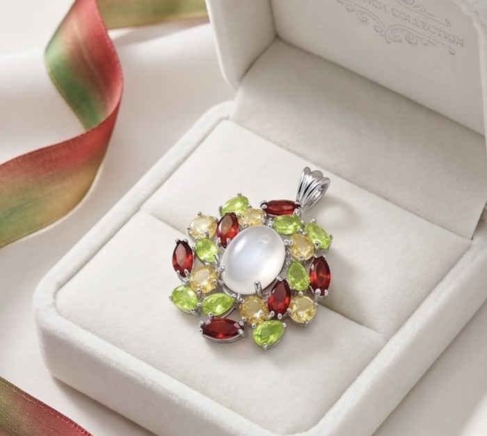 Tuscan Hills 28.7 carat ROSE QUARTZ Rhodium over .925 Sterling Silver handcrafted pendant - Pendant in gift box, top view, featuring colorful gemstones and rose quartz.