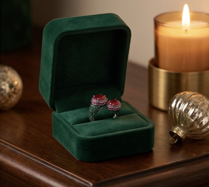 Giovanna Natural 8.6 carat Ruby pave Emerald .925 Sterling Silver dipped rhodium handmade Statement Ring size 8 - Ruby and emerald rings in green box, side view, with candle in background.