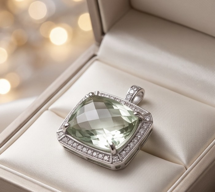 Green Ivy 25.9 carat Green Amethyst - Prasolite .925 Sterling Silver dipped in rhodium handcrafted pendant - Green Ivy amethyst pendant in box, close-up of stone and setting.