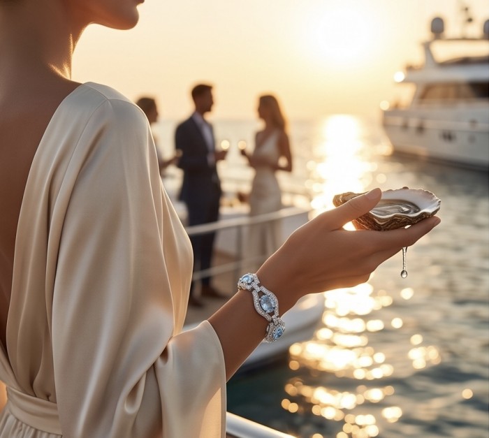 Oceansite - Magnificent 42.5 carat Swiss Blue Topaz .925 Sterling Silver handcrafted Heavy Bracelet - Worn on hand, Oceansite 42.5 ct Swiss Blue Topaz, sunset yacht backdrop.