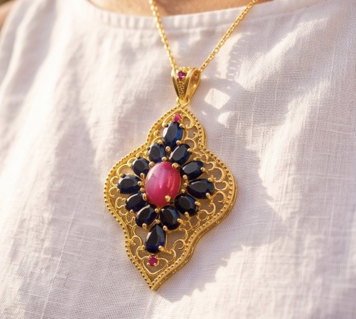 Vintage Style - Precious - Genuine 4.5 carat Ruby Sapphire 18K Gold over .925 Sterling Silver handmade Pendant - Vintage style ruby pendant worn on white fabric, detailed view