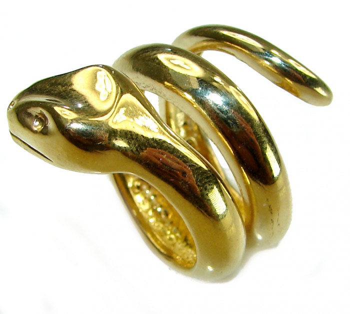 Large Golden Boa Snake 18K Gold over .925 Sterling Silver handcrafted Statement SPINAL Ring size 6 3/4 - Golden snake ring, 18K gold over silver, coiled side view.