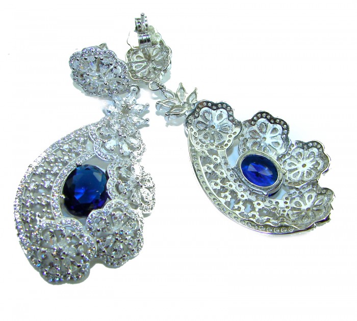 Special design! Opera - Precious - 11.8 carat Sapphire .925 Sterling Silver handcrafted Statement earrings - Ornate sapphire earrings close-up with intricate floral design