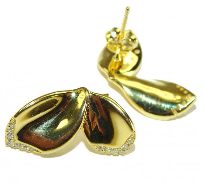 Lotus flower White Topaz highly polished 18K Gold over .925 Sterling Silver Italy made Earrings - Lotus flower earrings, front and back view, 18K gold over .925, white topaz.