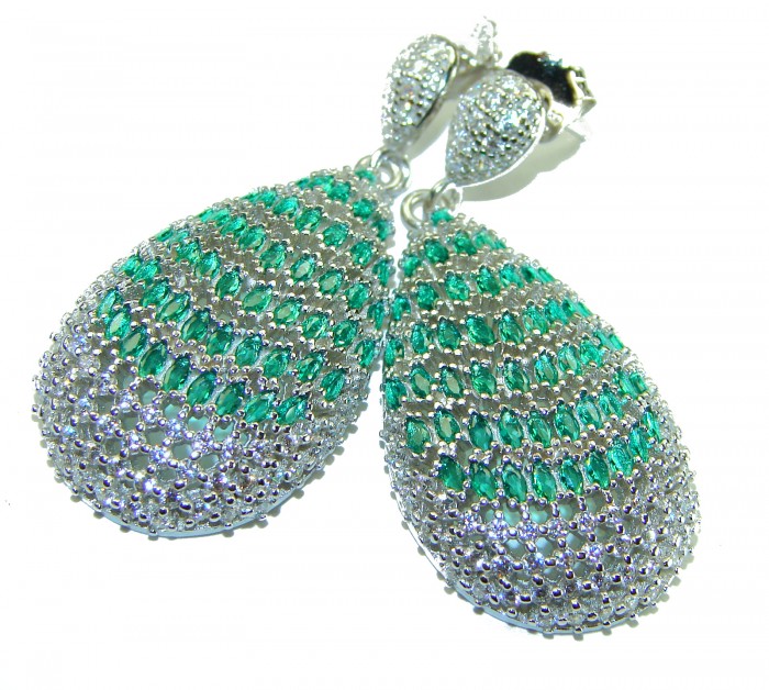 Magnificent Jewel - 17.5 carat natural EMERALD RHODIUM over .925 Sterling Silver handcrafted incredible earrings - Close-up of teardrop emerald earrings with rhodium setting.