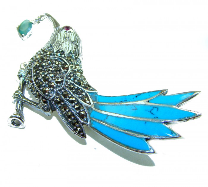 Blue Bird genuine INLAY Turquoise Marcasite .925 Sterling Silver handmade Brooch - Side view of blue bird brooch with turquoise and marcasite details