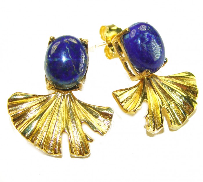 Gorgeous authentic Lapis Lazuli 14K Gold over .925 Sterling Silver handcrafted earrings - Earrings with lapis lazuli and gold shell design, front view close-up.