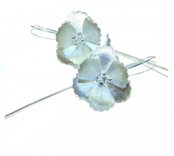 Silver Flowers Italy made .925 Sterling Silver Earrings - Silver flower .925 sterling earrings, side view with hook visible.