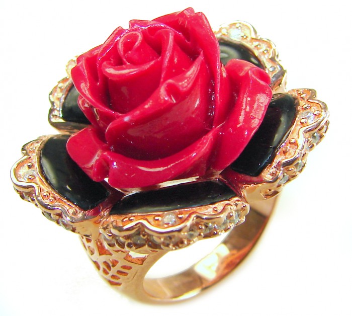 Enchanted Rose Genuine carved Coral 14K Gold over .925 Sterling Silver handcrafted ring s. 7 1/4 - Close-up of coral rose ring with gold detailing and black stones.
