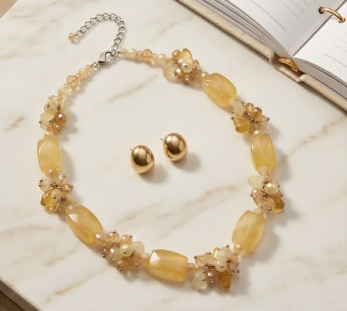 Dazzling vintage natural rough Brazilian Citrine .925 Sterling Silver handcrafted Large necklace - Citrine necklace and earrings set on marble with open notebook.