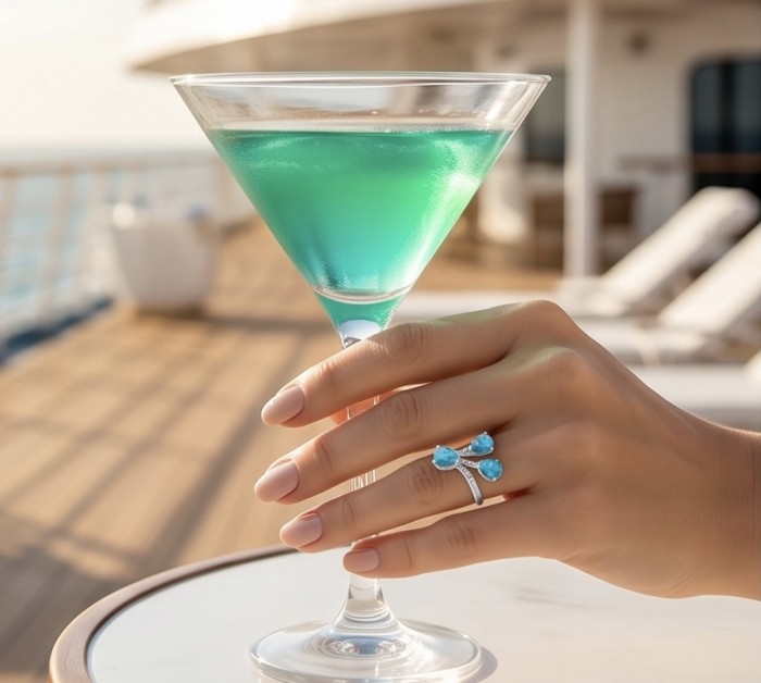 Rare Stone Of Harmony - Parrots Wing Chrysocolla .925 Sterling Silver ring s. 7 1/4 - Worn on hand, showcasing Parrots Wing Chrysocolla ring with martini glass.