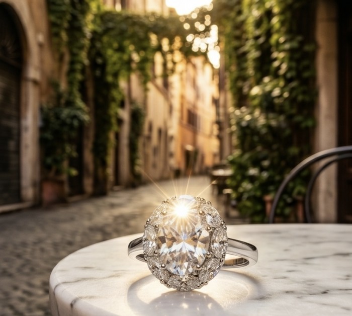 Esmeralda - Precious 7.5 carta White Topaz rhodium over .925 Sterling Silver Statement ring size 7 - Topaz ring close-up on marble table in sunlit street background.