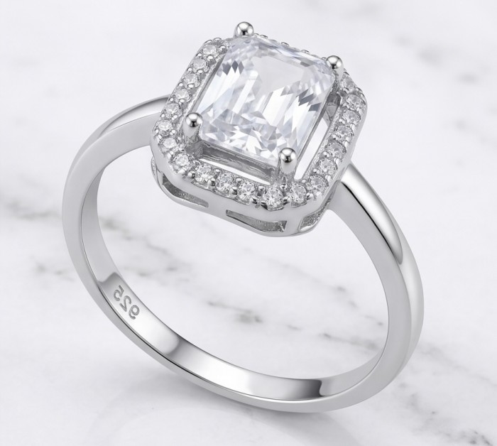 Esmeralda - Precious 4.5 carta White Topaz rhodium over .925 Sterling Silver Statement ring size 9 - Top view of Esmeralda ring with white topaz and .925 rhodium band.