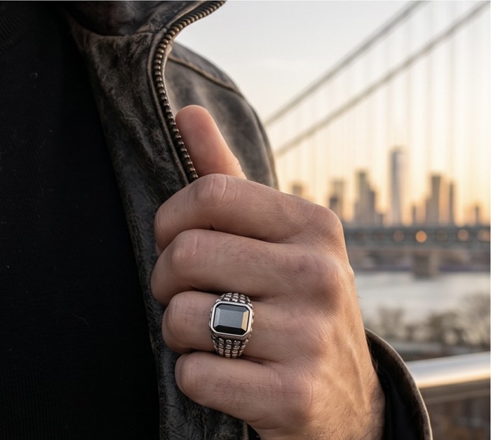 The King- Huge 12.5 carat Black Onyx .925 Sterling Silver handcrafted ring; s. 12 - Hand wearing The King ring with black onyx, city skyline in background.