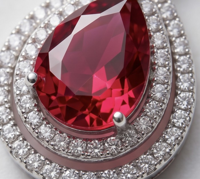 Art deco - Natural 3.8 carat Mozambique Ruby .925 Sterling Silver Handcrafted Pendant - Close-up of natural Mozambique ruby with diamond accents in sterling silver.