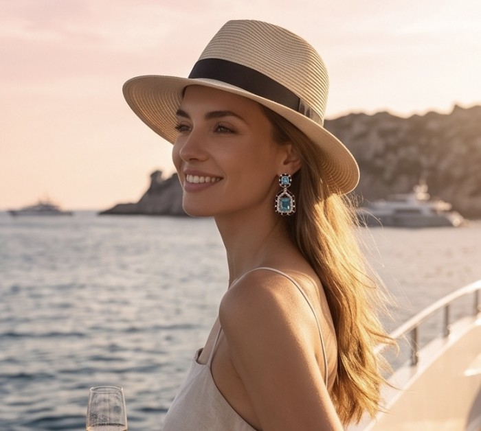 Art deco Magnificent Jewel 8.4 carat SWISS BLUE TOPAZ Black enamel .925 Sterling Silver dipped in RHODIUM handcrafted incredible earrings - Side view of woman wearing Art Deco 8.4 ct Swiss Blue Topaz earrings.