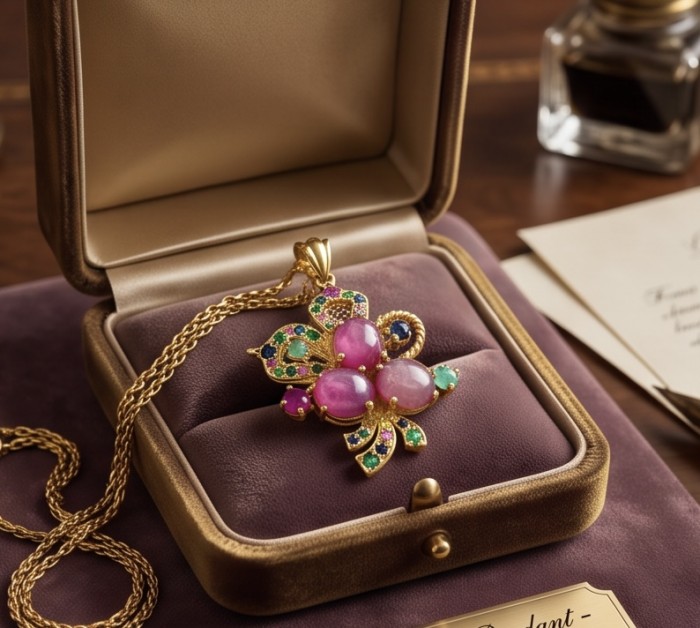Giovanna 18.5 carat Emerald Ruby Sapphire 18K Gold over .925 Sterling Silver handcrafted Pendant - Gold pendant with colorful gemstones in an open jewelry box, top view.