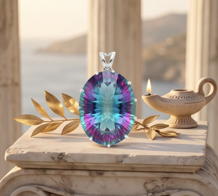 Extravaganza 22.5 carat oval cut Mystic Topaz .925 Sterling Silver handcrafted Pendant - Close-up of 22.5 carat Mystic Topaz pendant with a backdrop of ancient ruins.