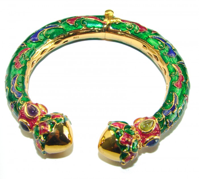 Truly Spectacular authentic Ruby Enamel 18K Gold over .925 Sterling Silver handmade bangle Bracelet - photo 2