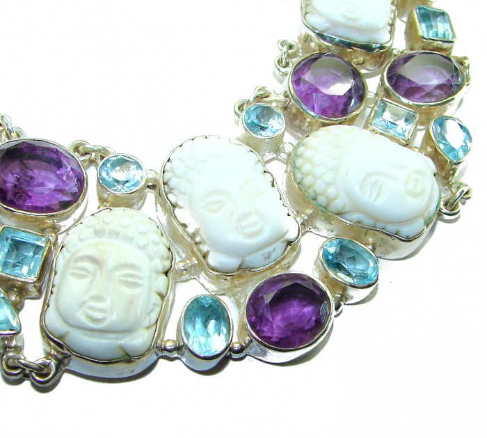 7 Faces New Bali Design Carved Ox Bone F.925 Sterling Silver Large Statement Necklace - photo 1