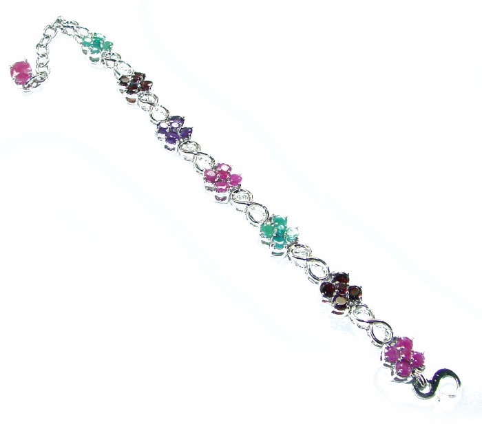 Gabriella 25.5 carat Genuine Ruby Emerald Sapphire .925 Sterling Silver handcrafted Bracelet - Gabriella bracelet top view, showcasing gemstones and clasp detail.