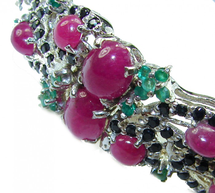 Gabriella 49.5 carat Genuine Ruby Emerald Sapphire .925 Sterling Silver handcrafted Bracelet - Close-up of Gabriella 49.5 carat ruby, emerald, and sapphire bracelet.
