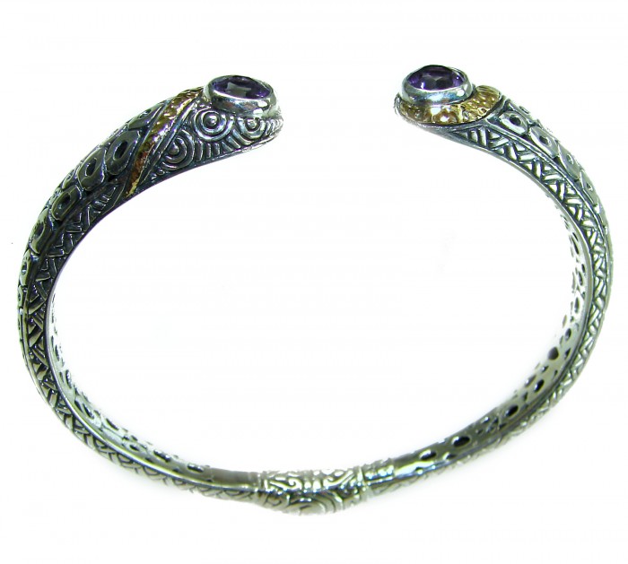 8.5 carat Amethyst 2 tones .925 Sterling Silver handcrafted Statement Bali made Bracelet - Cuff bracelet top view with amethyst stones and detailed silver pattern.