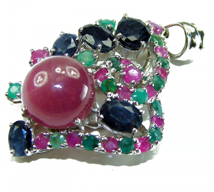 Francesca - authentic Ruby Emerald Sapphire .925 Sterling Silver handcrafted Pendant - Close-up of Francesca pendant with ruby, emerald, sapphire stones.