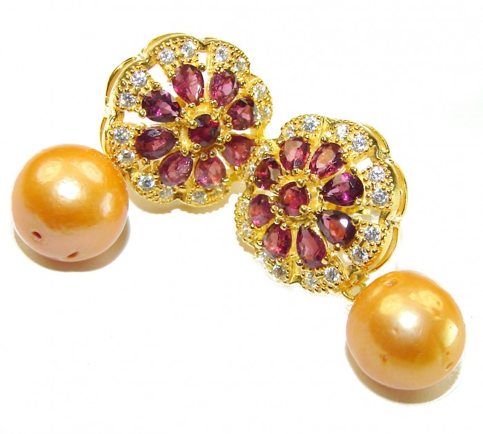 Sublime Golden Pearl Garnet 148K Gold over .925 Sterling Silver handcrafted Earrings - Earrings with golden pearl and garnet stones, detailed front view.