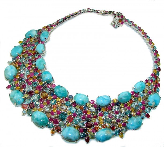 Luna 255.3 carat authentic Larimar From Dominican Republic .925 Sterling Silver handcrafted MASSIVE STATEMENT Necklace - Front view of Luna necklace with Larimar and colorful gemstones.