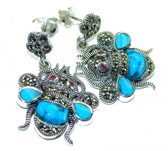 Blue Bees inlay Turquoise Ruby Marcasite .925 Sterling Silver Handcrafted earrings - Blue bee earrings with turquoise and ruby stones, detail view.