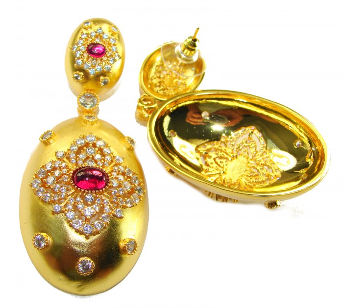 Byzantine design Authentic 8.2 carat 18K Gold over .925 Sterling Silver handcrafted Statement earrings - Close-up of Byzantine 8.2 carat gold earrings with red and clear stones.