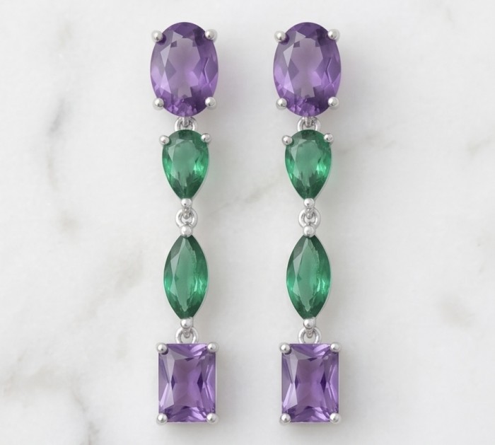 A Heritage in Bloom - Italy made 8.5 carat Amethyst Chrome Diopside .925 Sterling Silver handcrafted earrings - Front view of Amethyst and Chrome Diopside drop earrings on display