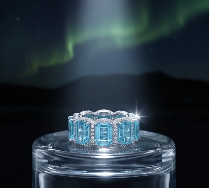 Angel's Wish 22.8 carat Aquamarine .925 Sterling Silver handcrafted infinity ring size 6 - Aquamarine ring on display with Northern Lights background.