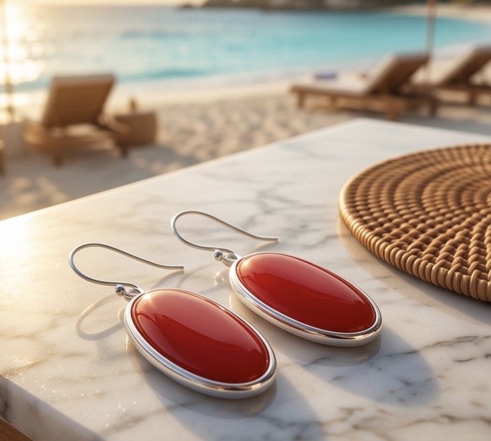 LARGE - Genuine Red Fossilized Coral .925 Sterling Silver handmade earrings - Side view of red coral earrings on a marble surface by the beach.
