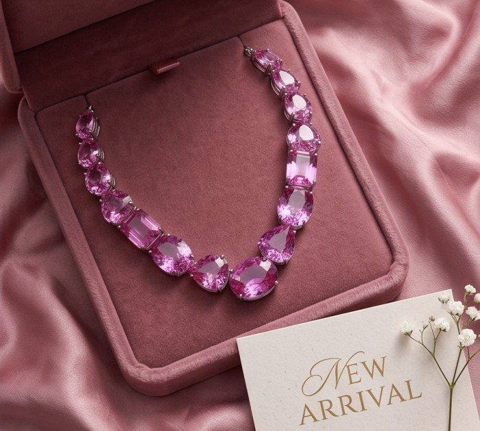 Tiffany - Magnificent 243.5 carat Pink Sapphire .925 Sterling Silver handcrafted Large Statement necklace - Pink sapphire necklace in open box with "New Arrival" card on pink fabric.