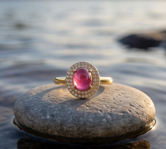 Blooming Garden 3.8 carat Mozambique Ruby rhodium over .925 Sterling Silver handmade Statement Ring size 7 - Close-up of Blooming Garden ring with Mozambique ruby on a stone background.