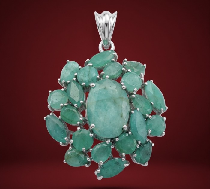 Amazonia - authentic 25.5 carat Colombian Emerald rhodium over .925 Sterling Silver handcrafted Pendant - Colombian emerald pendant, front view, 25.5 carats, rhodium setting.